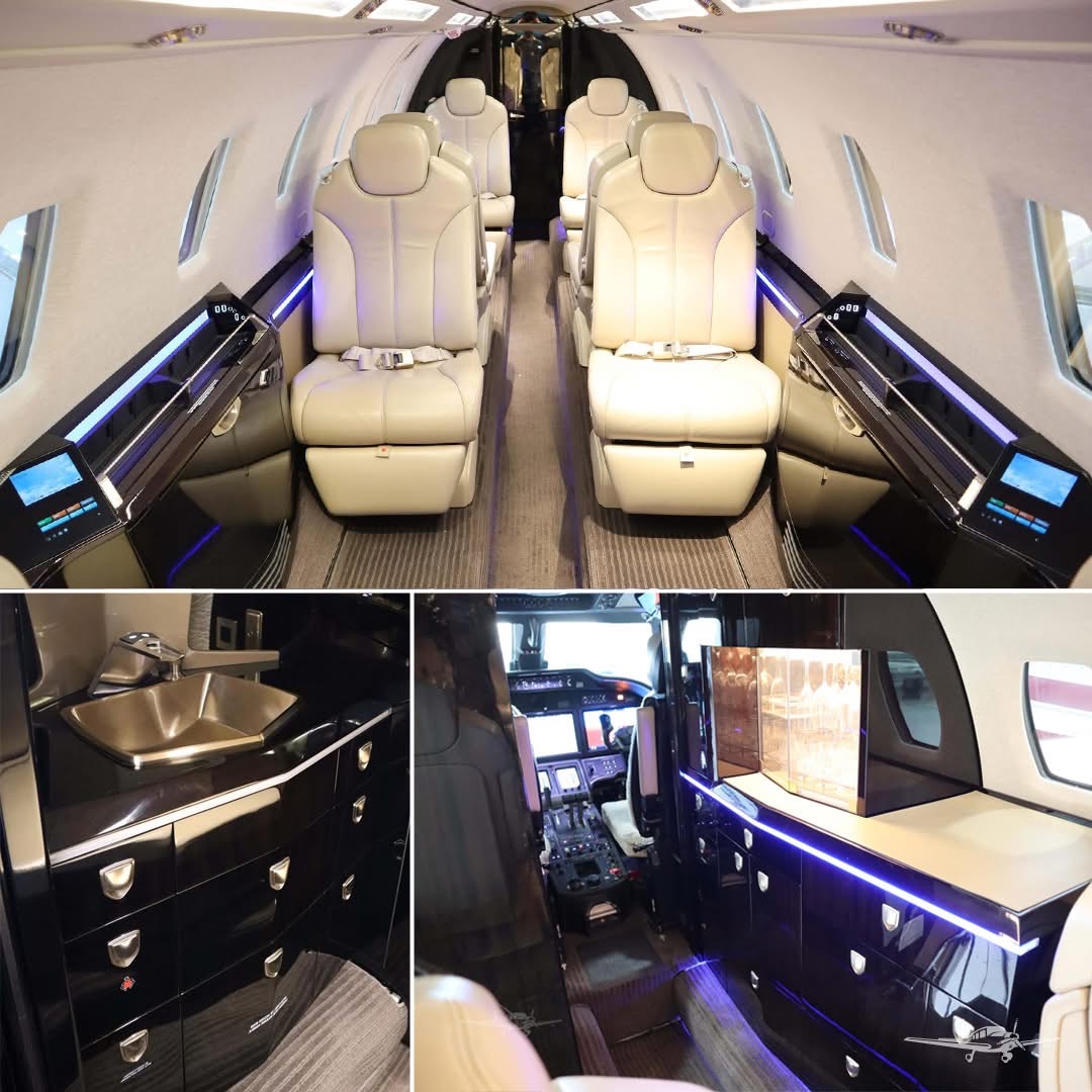 Citation interior with galley and flight deck collage